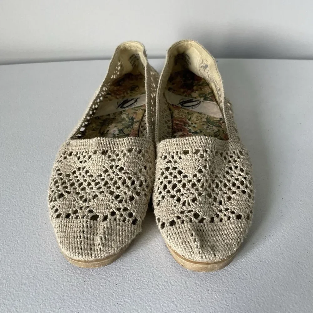 Pier Ten Vintage Cottagecore Knit Crochet Flats Slip-On Shoes Beige Women's 8.5